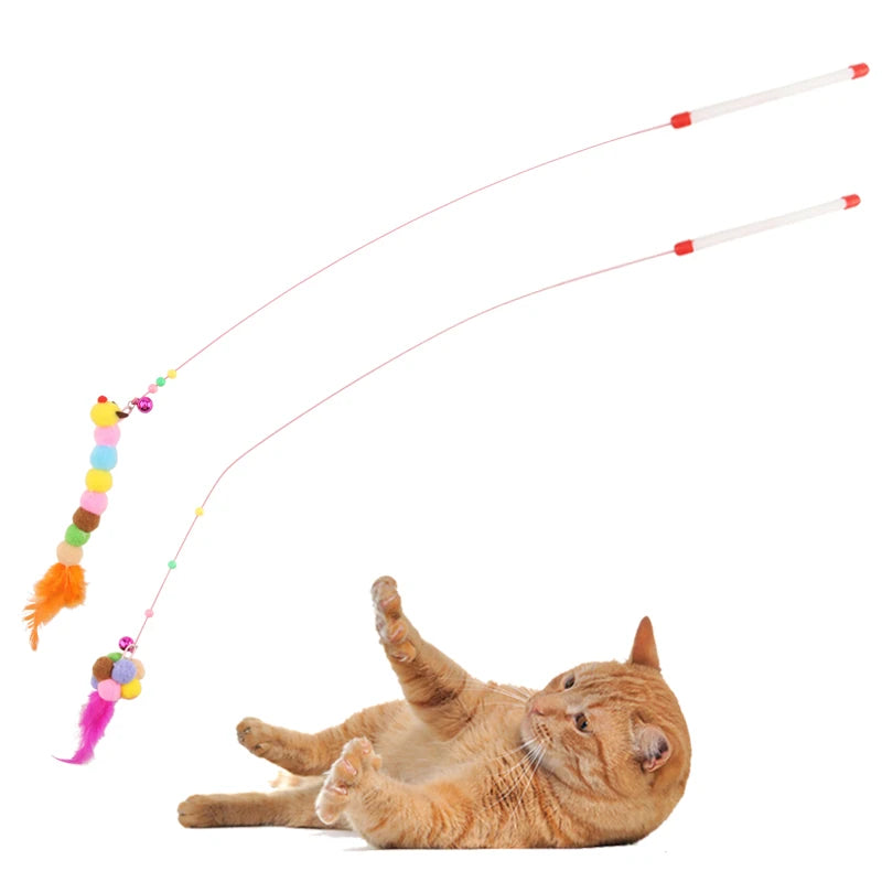 Steel Wire Teasing Cat Stick Long Fish Mouse Ball Feather with Bell Pet Toys Interactive Funny Cat Toy Wand
