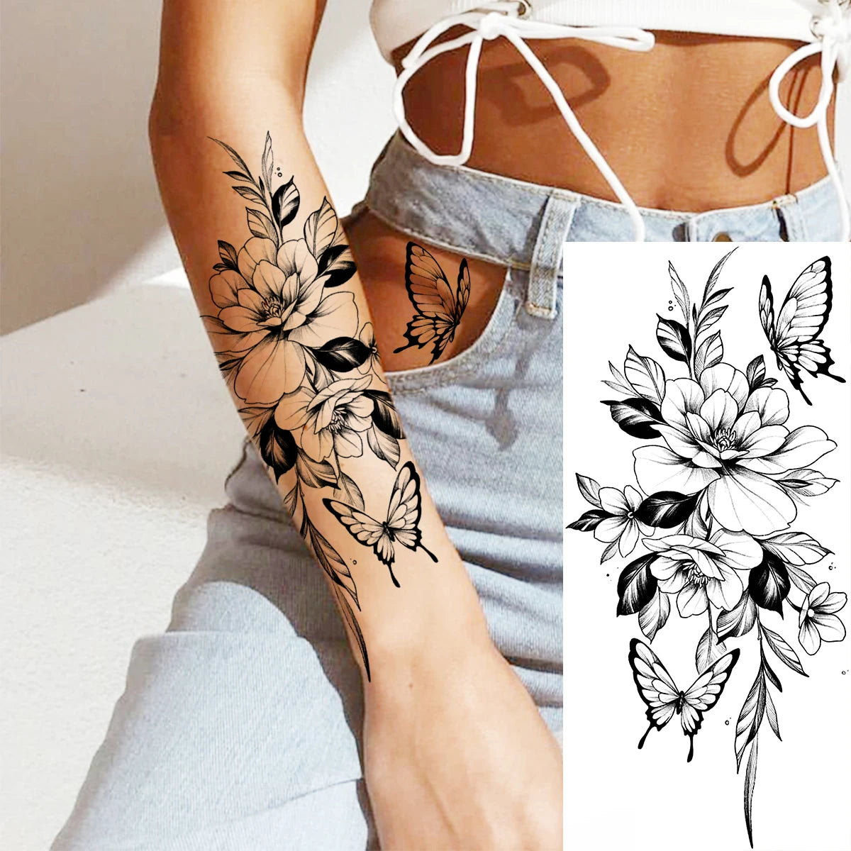 Black Realistic Rose Flower Temporary Tattoos For Women Adult Girl Peony Realistic Fake Tattoowashable Half Sleeve Tatoos Decal