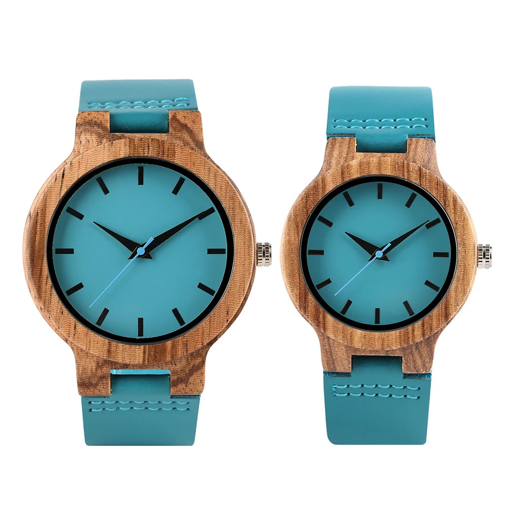 Luxury Royal Blue Quartz Wooden Wristwatch Genuine Leather Strap Valentine's Day Gifts for Men Women