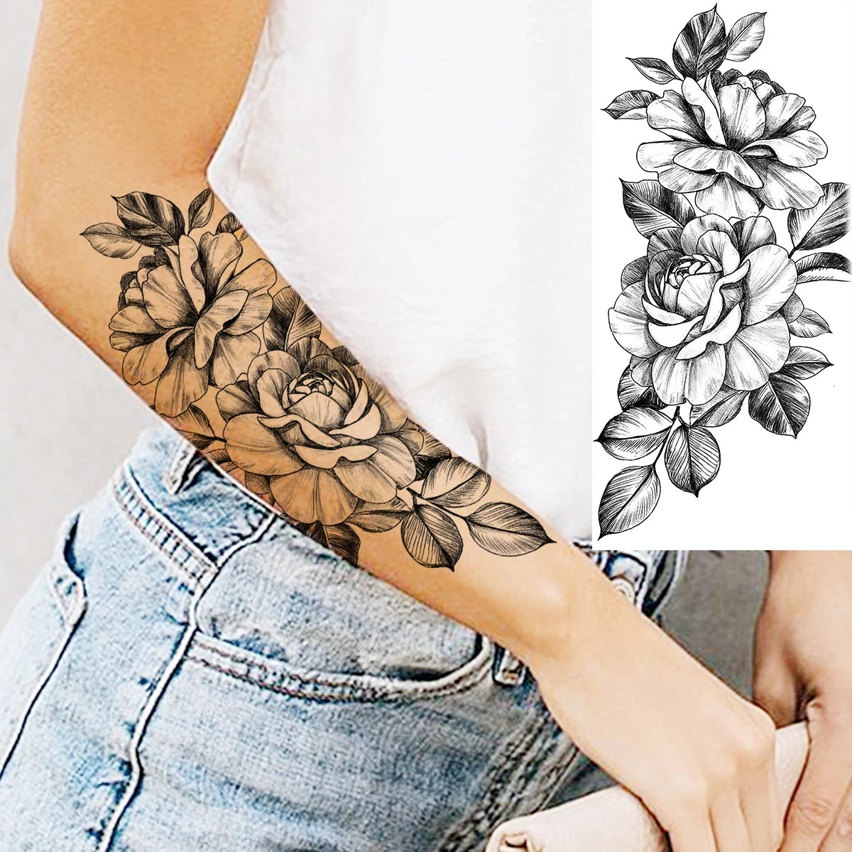 Black Realistic Rose Flower Temporary Tattoos For Women Adult Girl Peony Realistic Fake Tattoowashable Half Sleeve Tatoos Decal