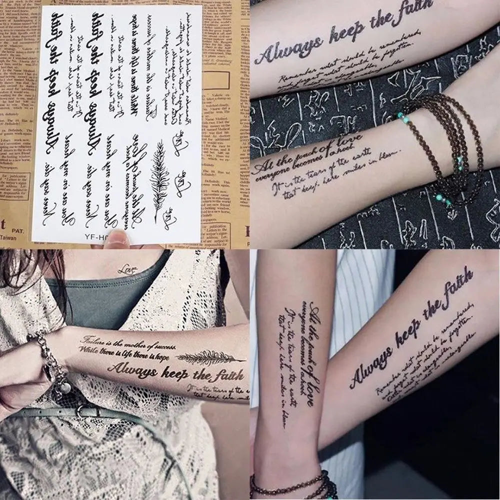 Tattoo Stickers English Word Waterproof Long Lasting Realistic Transfer Temporary Black Letters Feather Body Art For Men Women