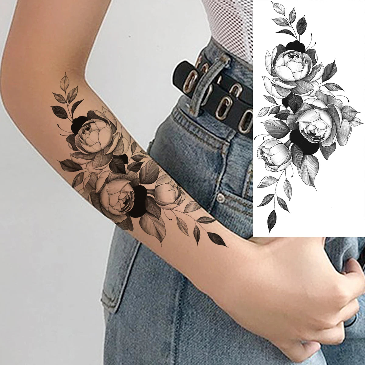 Black Realistic Rose Flower Temporary Tattoos For Women Adult Girl Peony Realistic Fake Tattoowashable Half Sleeve Tatoos Decal