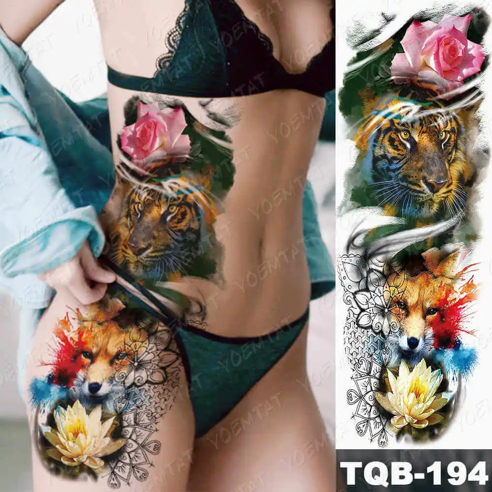 Large Arm Sleeve Tattoo Gun Rose Lion Waterproof Temporary Tattoo Sticker Clock Flower Waist Leg Body Art Full Fake Tatoo Women