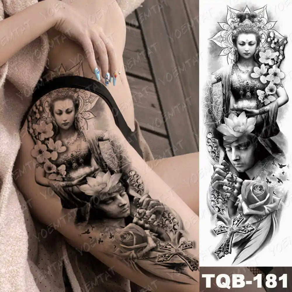 Large Arm Sleeve Tattoo Gun Rose Lion Waterproof Temporary Tattoo Sticker Clock Flower Waist Leg Body Art Full Fake Tatoo Women