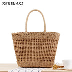 Handmade Women's Handbag Bohemian Hollow Straw Bag Summer Weaving Beach Bags Female Top-handle Tote Fashion Net Bag Mesh Basket