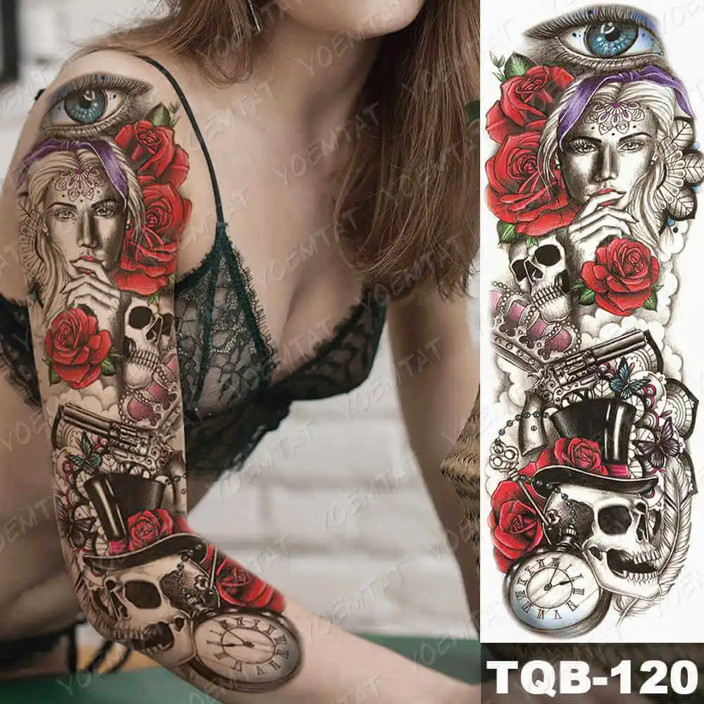 Large Arm Sleeve Tattoo Gun Rose Lion Waterproof Temporary Tattoo Sticker Clock Flower Waist Leg Body Art Full Fake Tatoo Women