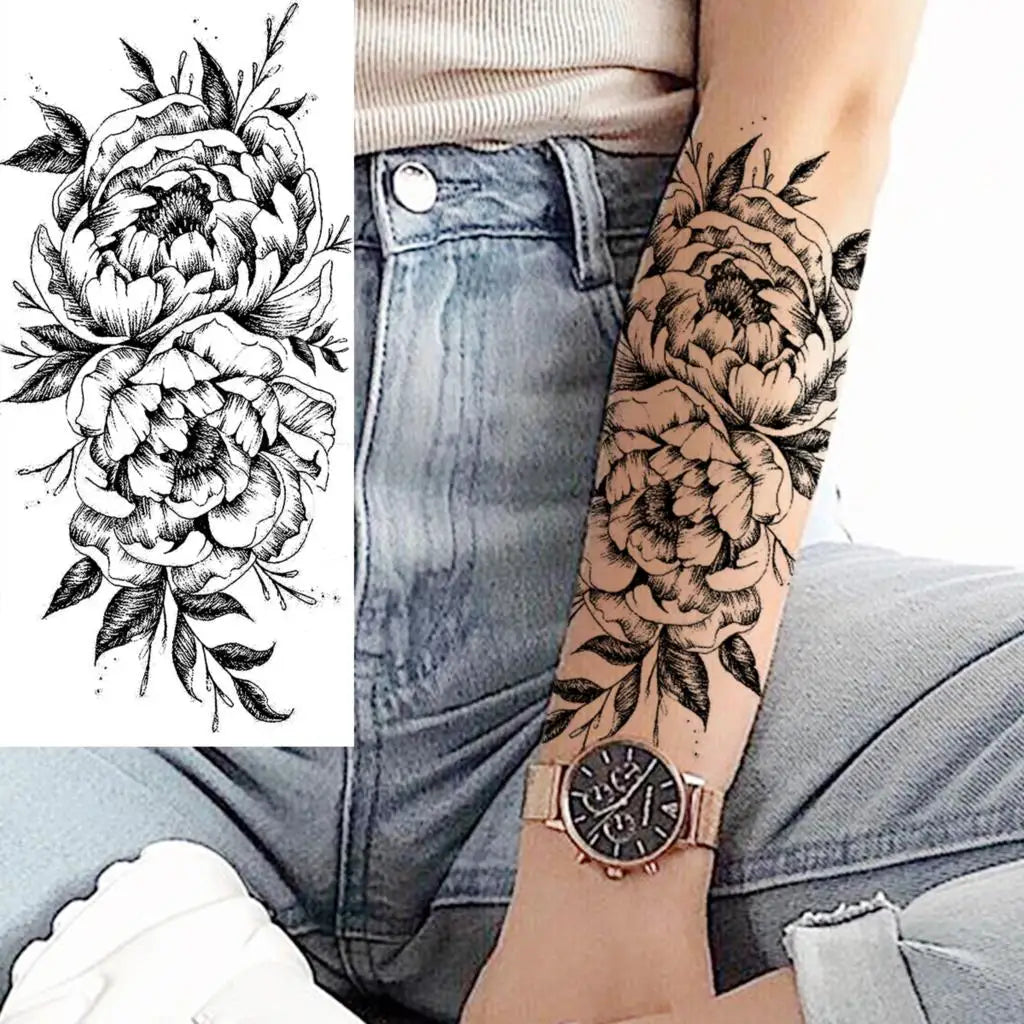 Black Realistic Rose Flower Temporary Tattoos For Women Adult Girl Peony Realistic Fake Tattoowashable Half Sleeve Tatoos Decal