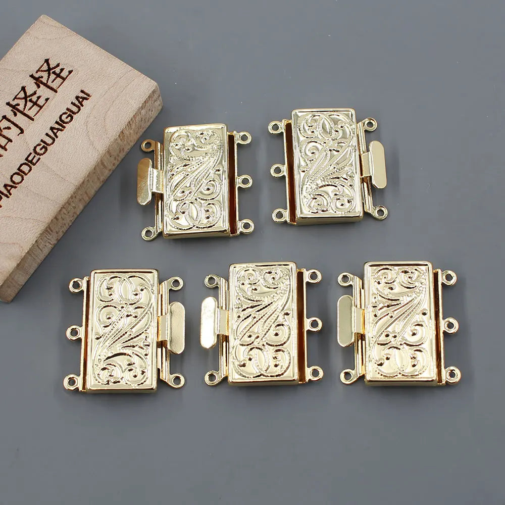 APDGG 5 Pcs Jewelry Findings 3 Strands Rectangle Clasps Gold Plated For Pearl Bracelets Necklaces Making DIY Craft Accessories