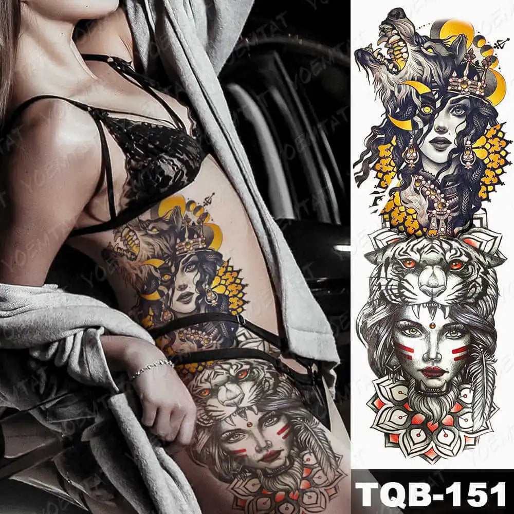 Large Arm Sleeve Tattoo Gun Rose Lion Waterproof Temporary Tattoo Sticker Clock Flower Waist Leg Body Art Full Fake Tatoo Women