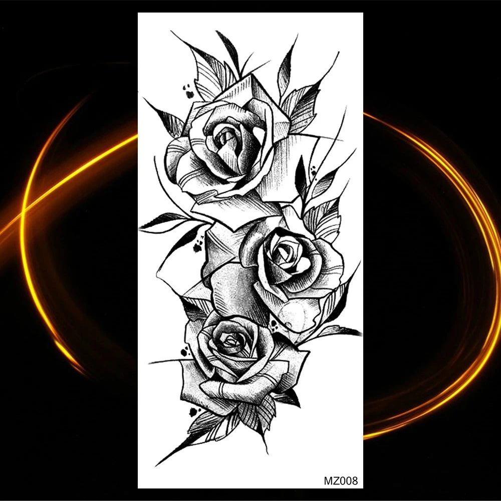 Black Realistic Rose Flower Temporary Tattoos For Women Adult Girl Peony Realistic Fake Tattoowashable Half Sleeve Tatoos Decal