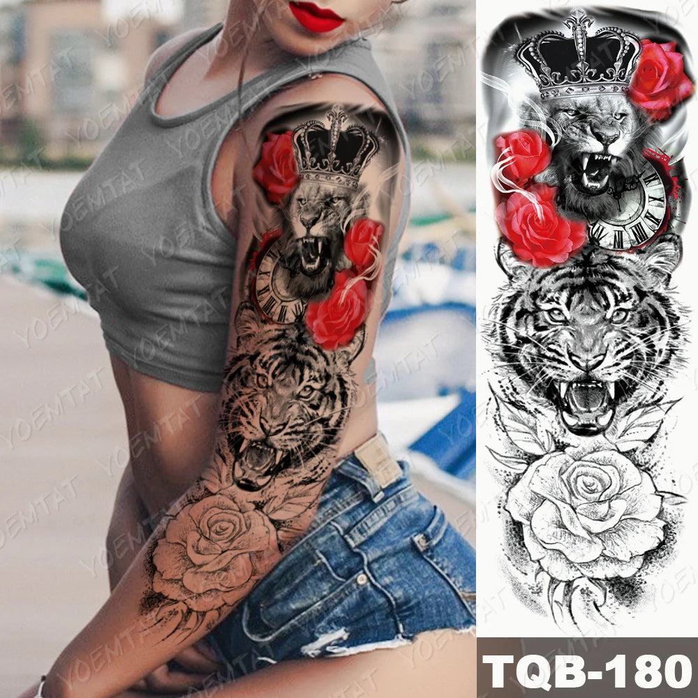 Large Arm Sleeve Tattoo Gun Rose Lion Waterproof Temporary Tattoo Sticker Clock Flower Waist Leg Body Art Full Fake Tatoo Women