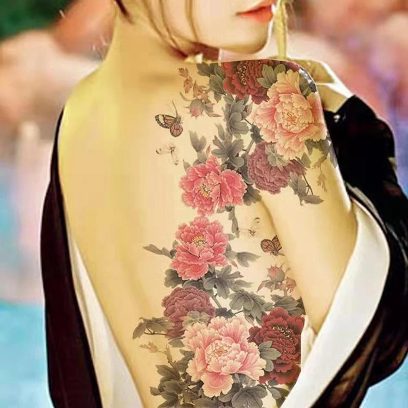 Peony Flower Waterproof Temporary Tattoo Stickers Women Sexy Butterfly Art Fake Tattoo Big Picture Back Cover Scar  Arm Sticker