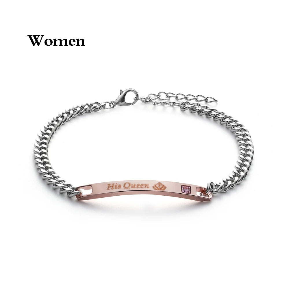 1PC Fashion Stainless Steel Couple Bracelets Men and Women Love Bangle His Queen Her King Crystal Crown Jewelry Valentine Gift