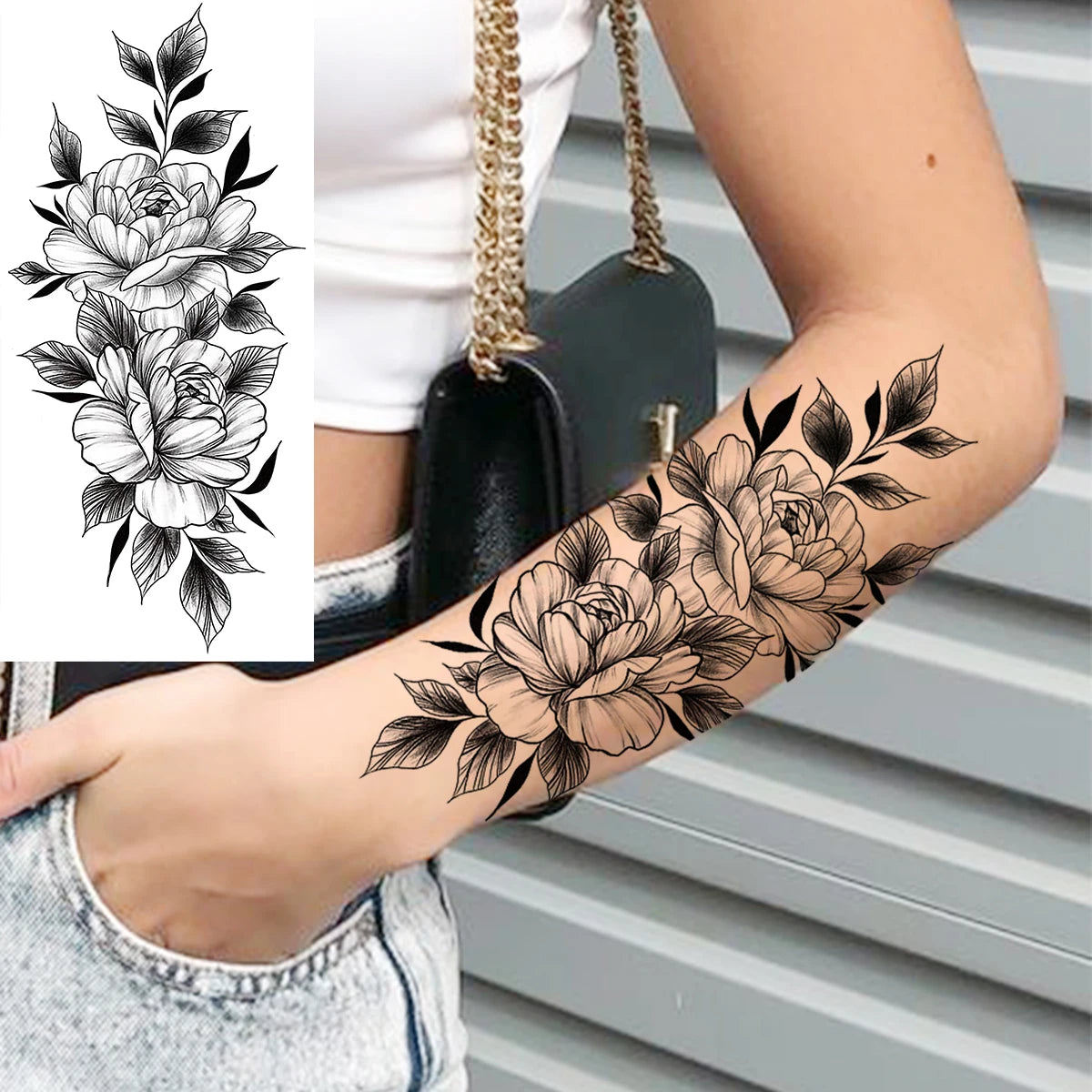 Black Realistic Rose Flower Temporary Tattoos For Women Adult Girl Peony Realistic Fake Tattoowashable Half Sleeve Tatoos Decal