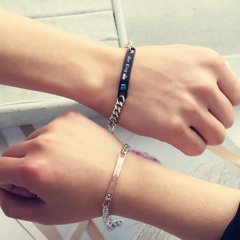 1PC Fashion Stainless Steel Couple Bracelets Men and Women Love Bangle His Queen Her King Crystal Crown Jewelry Valentine Gift