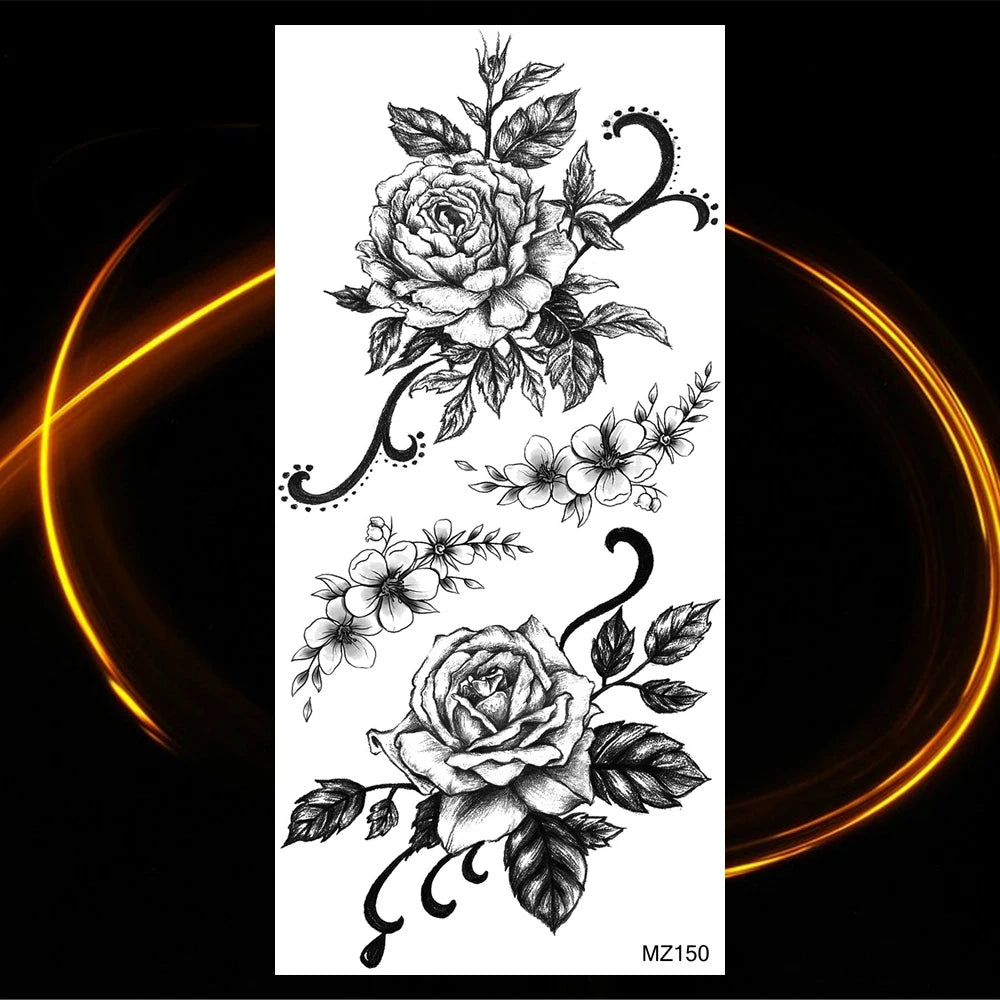Black Realistic Rose Flower Temporary Tattoos For Women Adult Girl Peony Realistic Fake Tattoowashable Half Sleeve Tatoos Decal