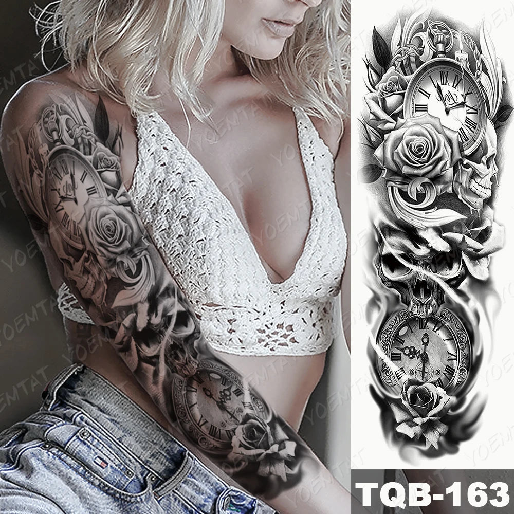 Large Arm Sleeve Tattoo Gun Rose Lion Waterproof Temporary Tattoo Sticker Clock Flower Waist Leg Body Art Full Fake Tatoo Women