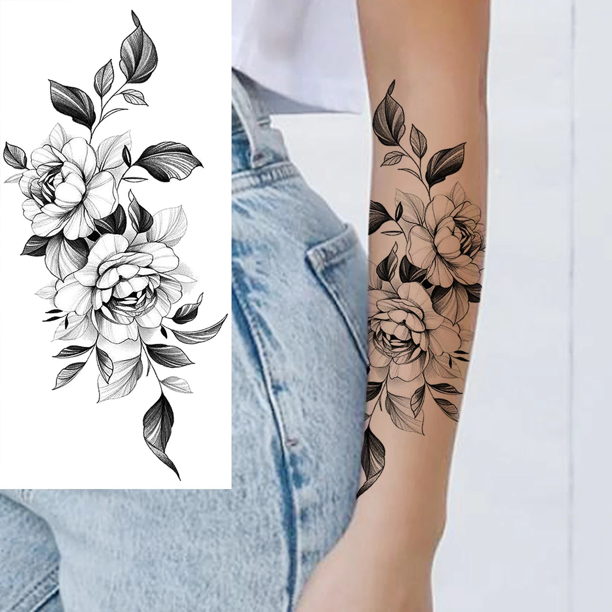 Black Realistic Rose Flower Temporary Tattoos For Women Adult Girl Peony Realistic Fake Tattoowashable Half Sleeve Tatoos Decal
