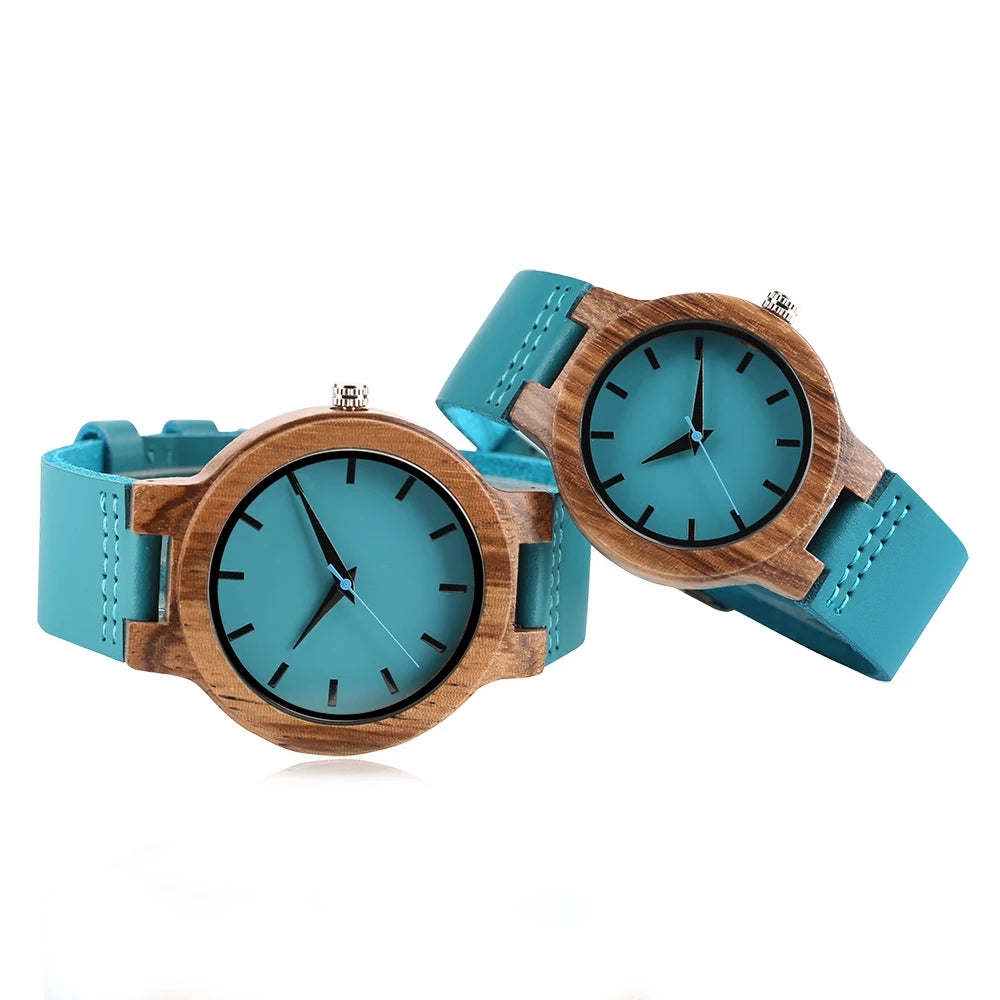 Luxury Royal Blue Quartz Wooden Wristwatch Genuine Leather Strap Valentine's Day Gifts for Men Women