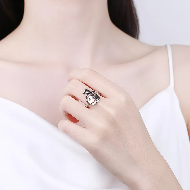 New Fashion Halloween Witch Hat Broom Broom Mop Pumpkin Lantern Hollow Simple Ring Girl Jewelry Hot Sale