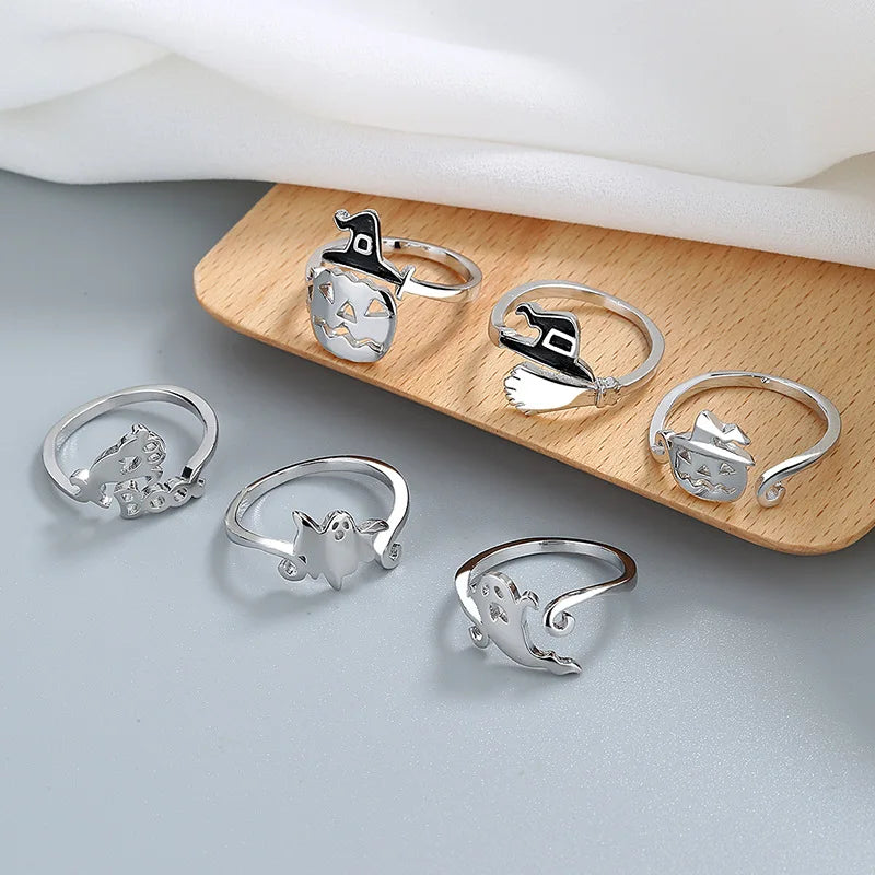 New Fashion Halloween Witch Hat Broom Broom Mop Pumpkin Lantern Hollow Simple Ring Girl Jewelry Hot Sale
