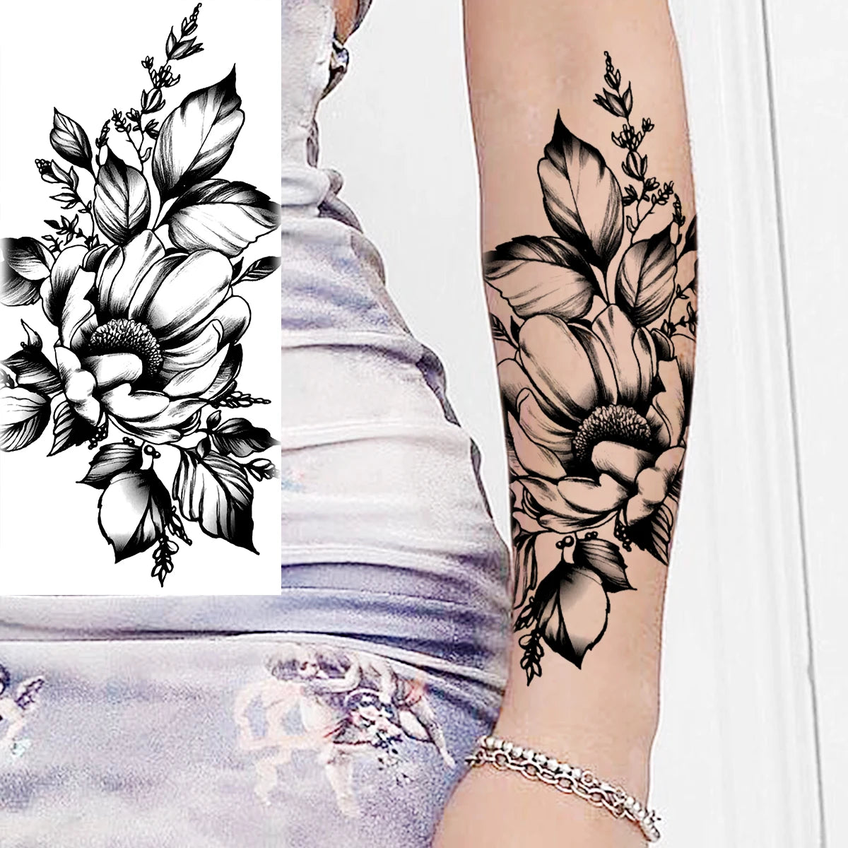 Black Realistic Rose Flower Temporary Tattoos For Women Adult Girl Peony Realistic Fake Tattoowashable Half Sleeve Tatoos Decal