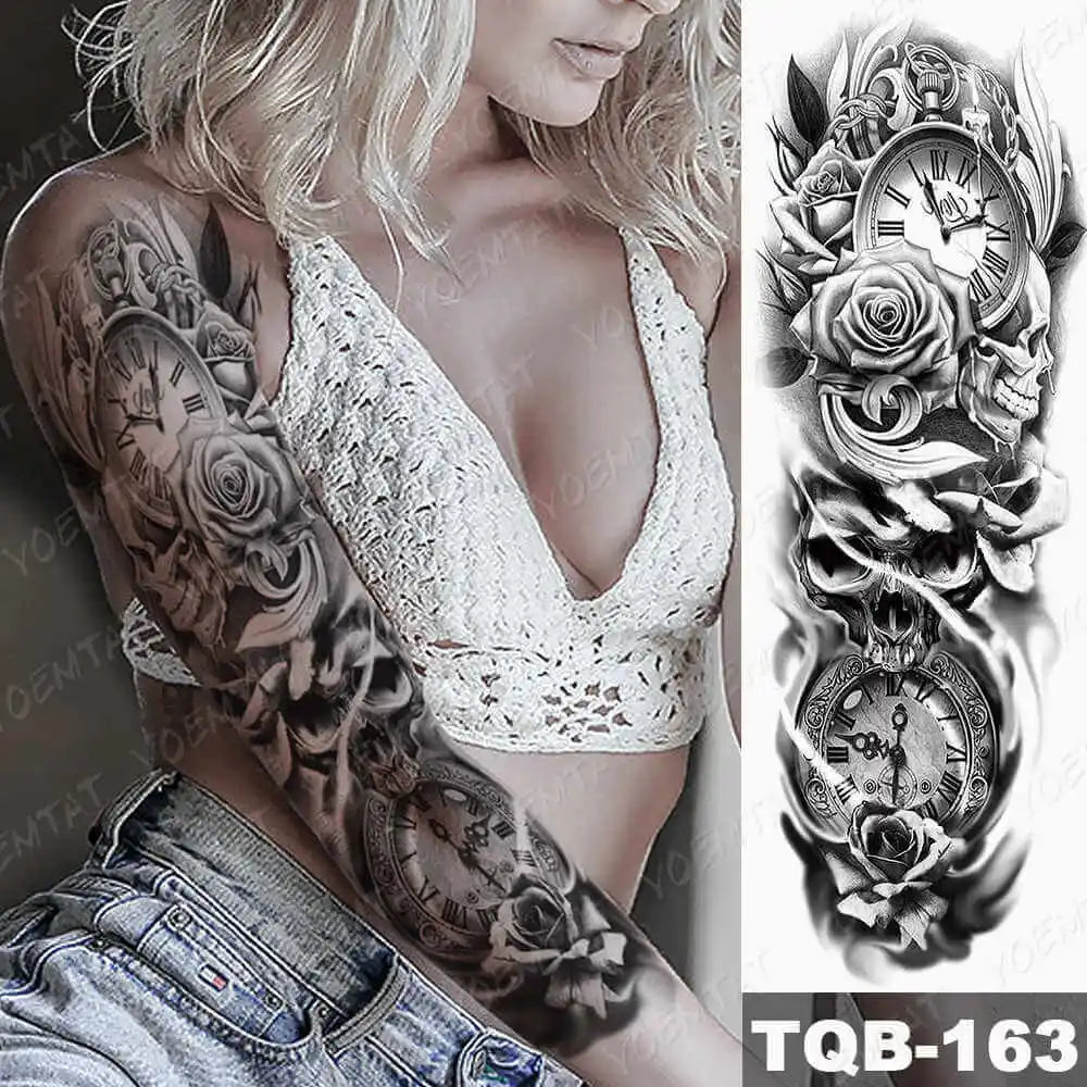 Large Arm Sleeve Tattoo Gun Rose Lion Waterproof Temporary Tattoo Sticker Clock Flower Waist Leg Body Art Full Fake Tatoo Women