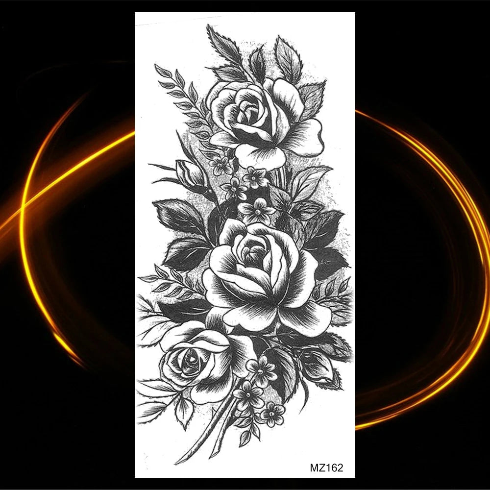 Black Realistic Rose Flower Temporary Tattoos For Women Adult Girl Peony Realistic Fake Tattoowashable Half Sleeve Tatoos Decal