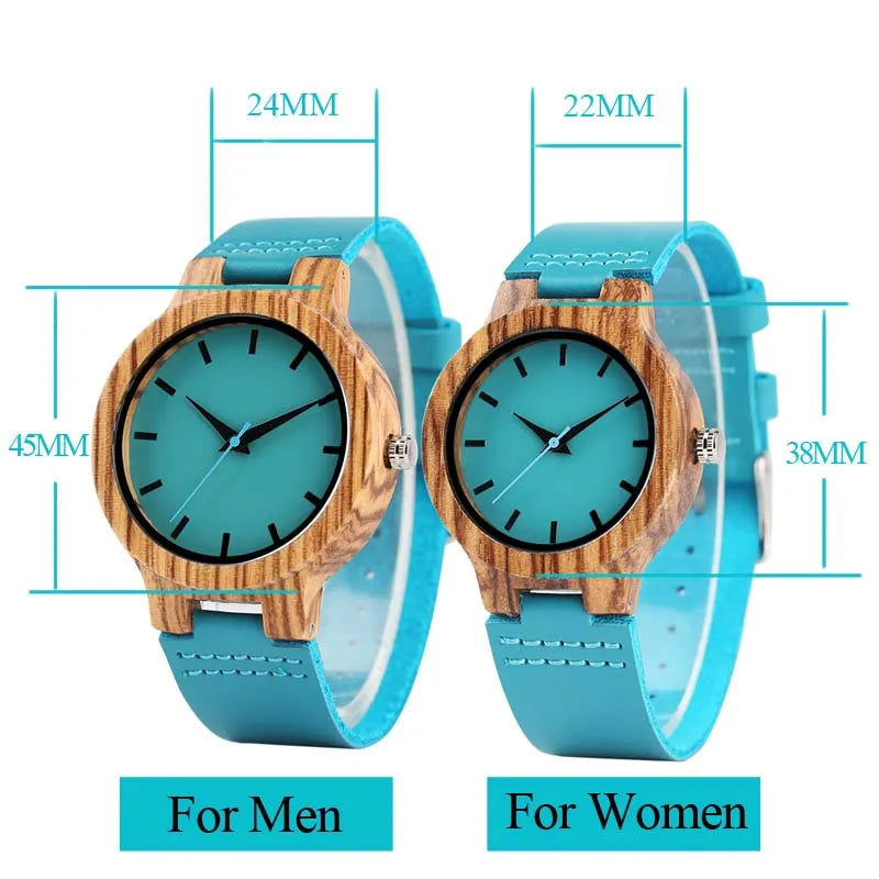 Luxury Royal Blue Quartz Wooden Wristwatch Genuine Leather Strap Valentine's Day Gifts for Men Women