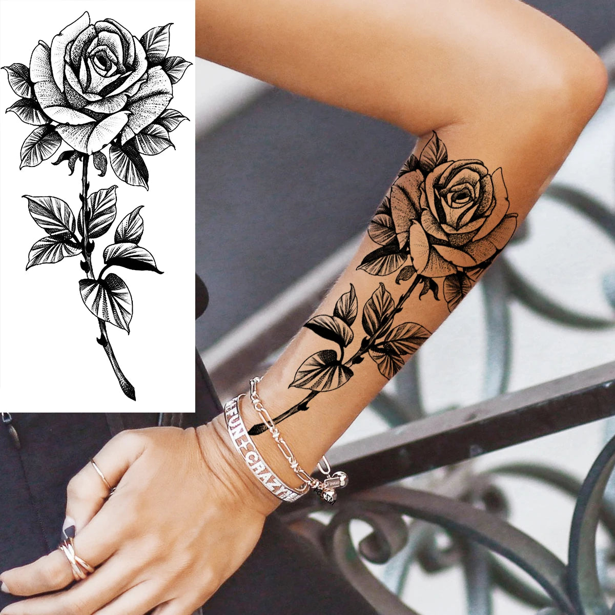 Black Realistic Rose Flower Temporary Tattoos For Women Adult Girl Peony Realistic Fake Tattoowashable Half Sleeve Tatoos Decal