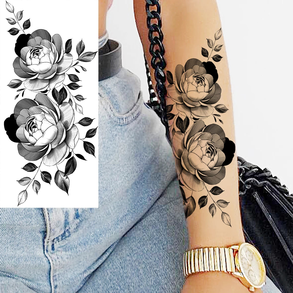 Black Realistic Rose Flower Temporary Tattoos For Women Adult Girl Peony Realistic Fake Tattoowashable Half Sleeve Tatoos Decal