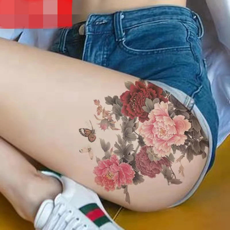 Peony Flower Waterproof Temporary Tattoo Stickers Women Sexy Butterfly Art Fake Tattoo Big Picture Back Cover Scar  Arm Sticker