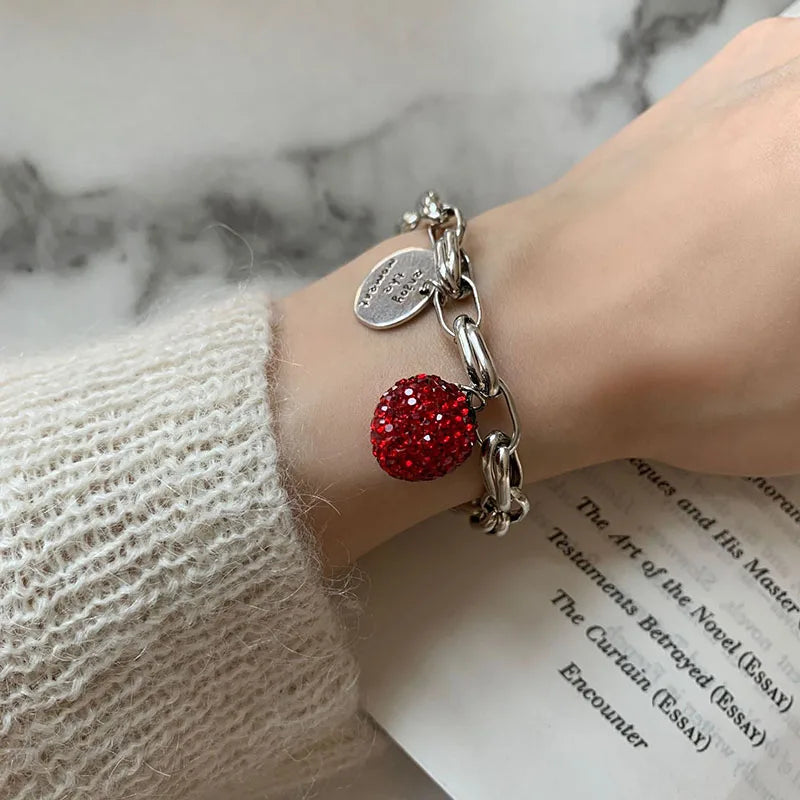 FOXANRY Silver Color Thick Chain Bracelets for Women Trendy Elegant Charming Sparkling Strawberry Zircon Party Jewelry