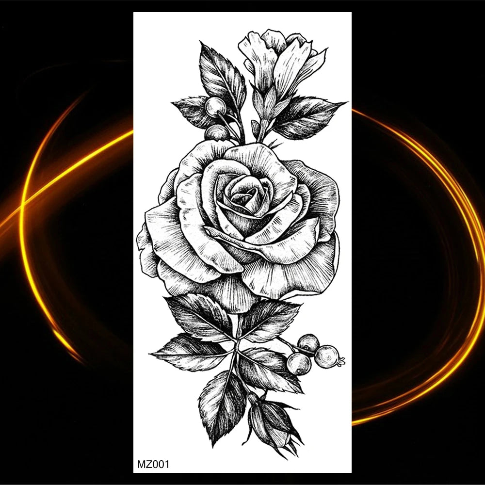 Black Realistic Rose Flower Temporary Tattoos For Women Adult Girl Peony Realistic Fake Tattoowashable Half Sleeve Tatoos Decal