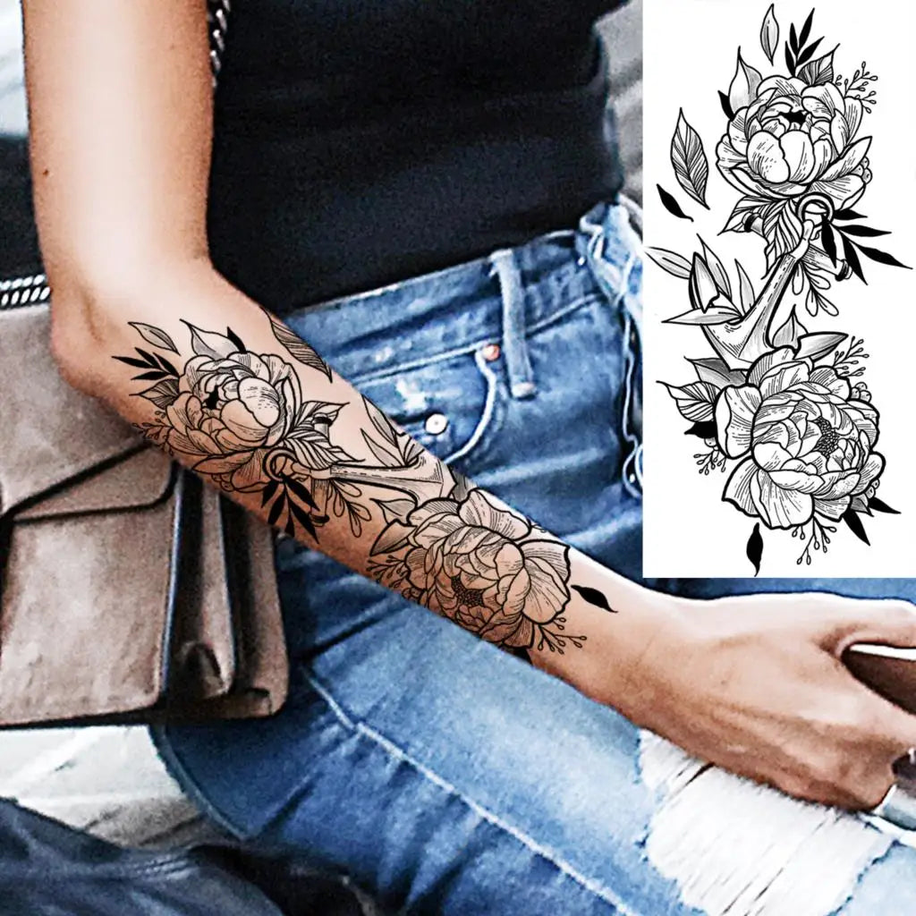 Black Realistic Rose Flower Temporary Tattoos For Women Adult Girl Peony Realistic Fake Tattoowashable Half Sleeve Tatoos Decal
