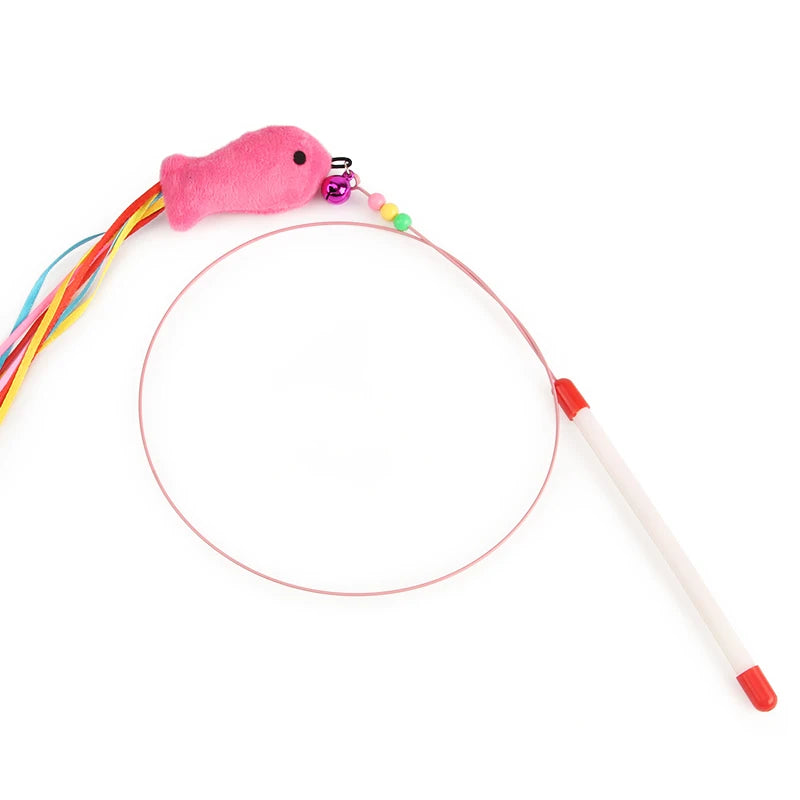 Steel Wire Teasing Cat Stick Long Fish Mouse Ball Feather with Bell Pet Toys Interactive Funny Cat Toy Wand