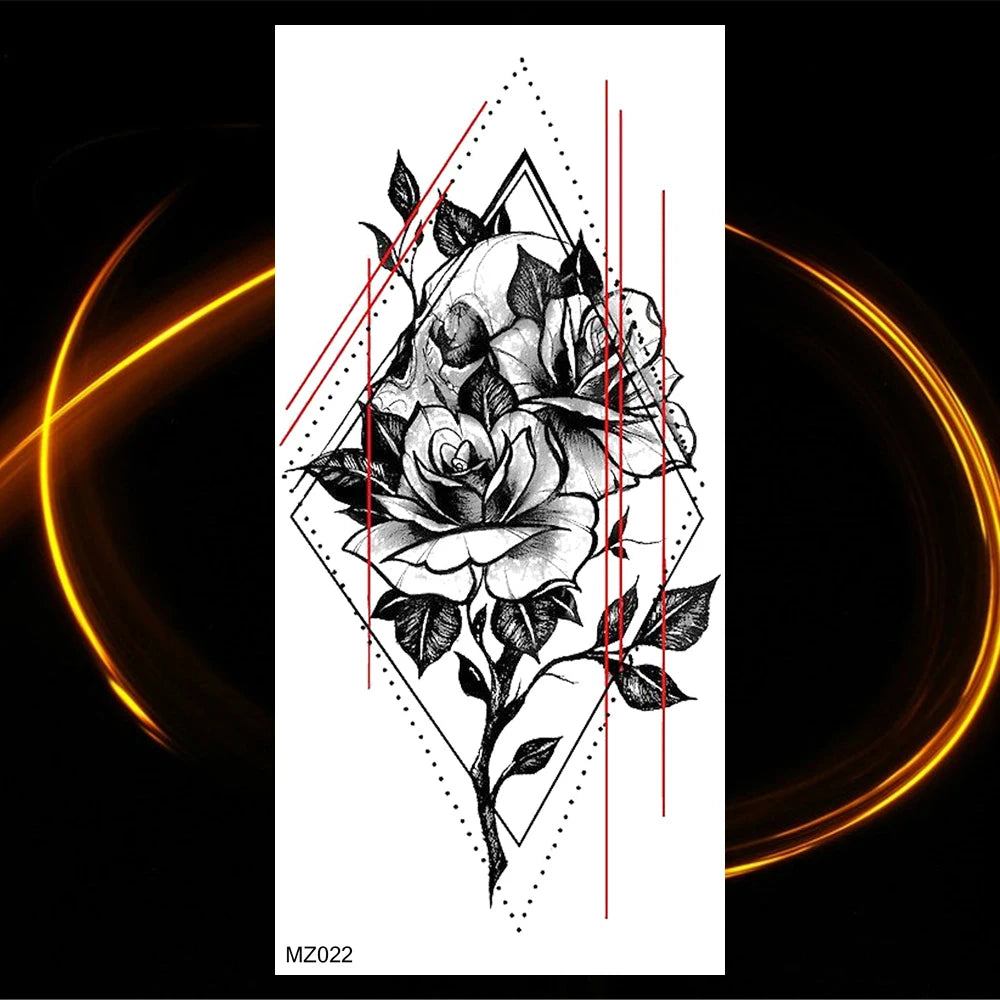 Black Realistic Rose Flower Temporary Tattoos For Women Adult Girl Peony Realistic Fake Tattoowashable Half Sleeve Tatoos Decal