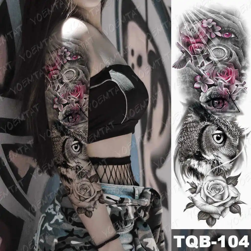 Large Arm Sleeve Tattoo Gun Rose Lion Waterproof Temporary Tattoo Sticker Clock Flower Waist Leg Body Art Full Fake Tatoo Women