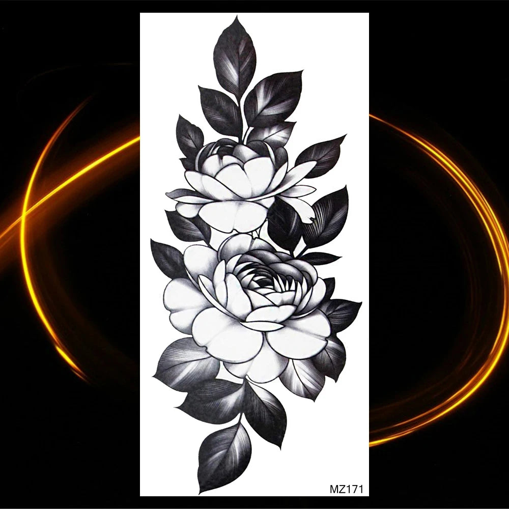 Black Realistic Rose Flower Temporary Tattoos For Women Adult Girl Peony Realistic Fake Tattoowashable Half Sleeve Tatoos Decal