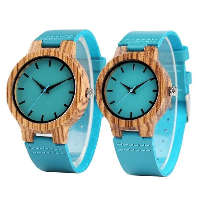 Luxury Royal Blue Quartz Wooden Wristwatch Genuine Leather Strap Valentine's Day Gifts for Men Women