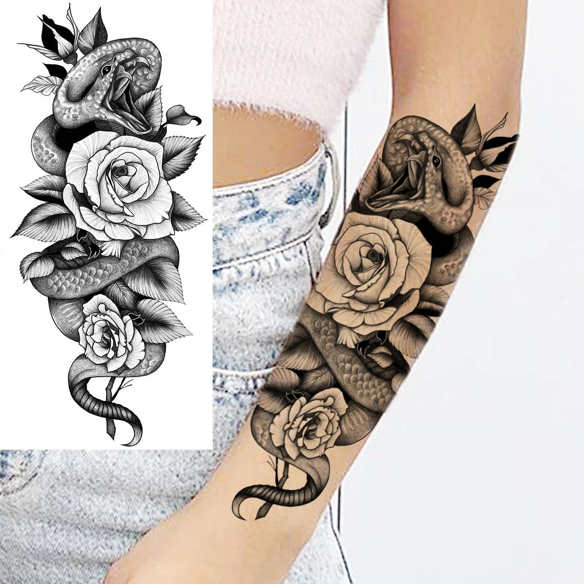 Black Realistic Rose Flower Temporary Tattoos For Women Adult Girl Peony Realistic Fake Tattoowashable Half Sleeve Tatoos Decal
