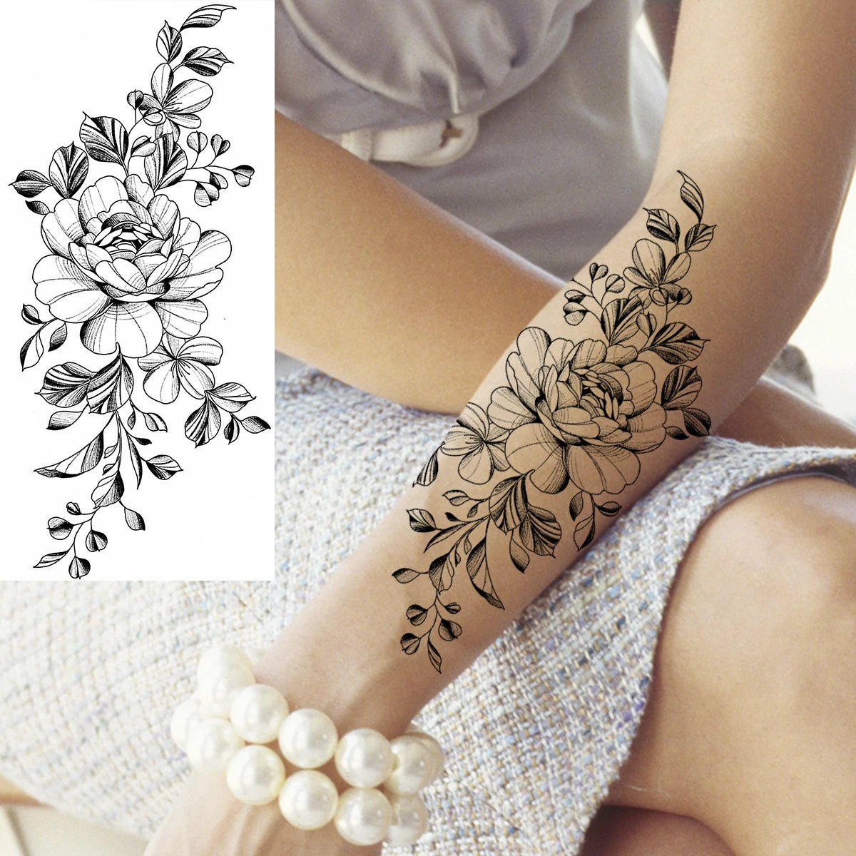 Black Realistic Rose Flower Temporary Tattoos For Women Adult Girl Peony Realistic Fake Tattoowashable Half Sleeve Tatoos Decal