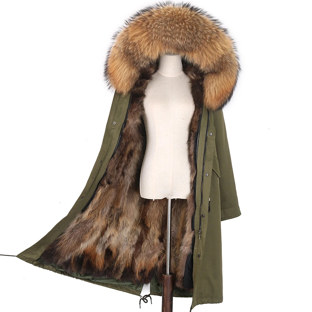 2024 New Winter Jacket Women X-Long Parka Waterproof Big Natural Raccoon Fur Collar Hood Real Fur Coat Thick Warm Real Fox Fur