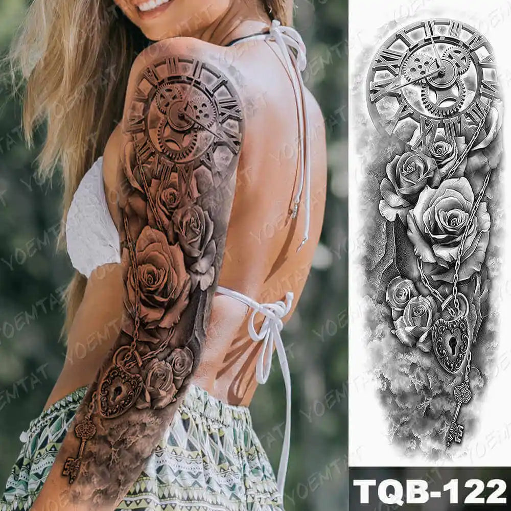 Large Arm Sleeve Tattoo Gun Rose Lion Waterproof Temporary Tattoo Sticker Clock Flower Waist Leg Body Art Full Fake Tatoo Women