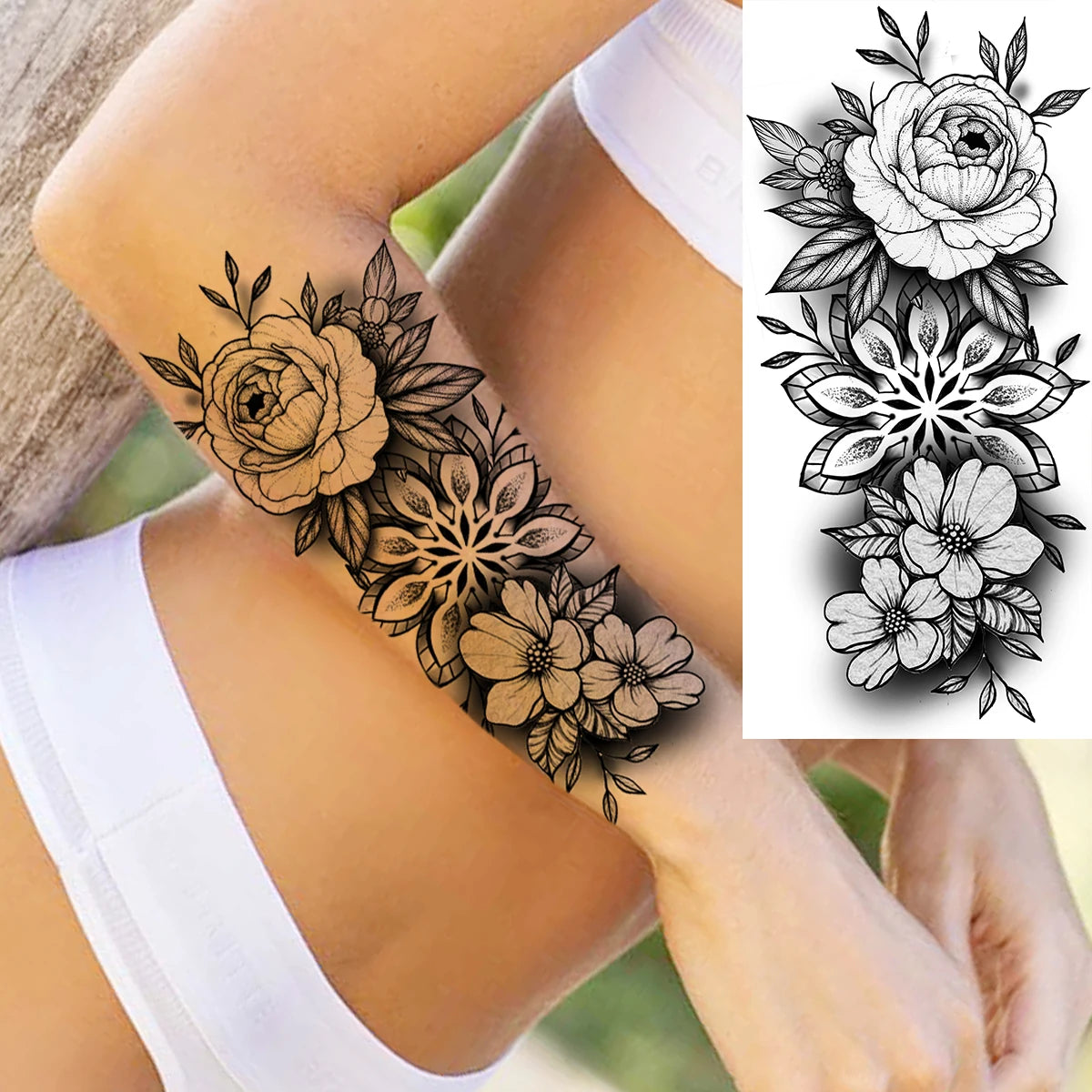 Black Realistic Rose Flower Temporary Tattoos For Women Adult Girl Peony Realistic Fake Tattoowashable Half Sleeve Tatoos Decal