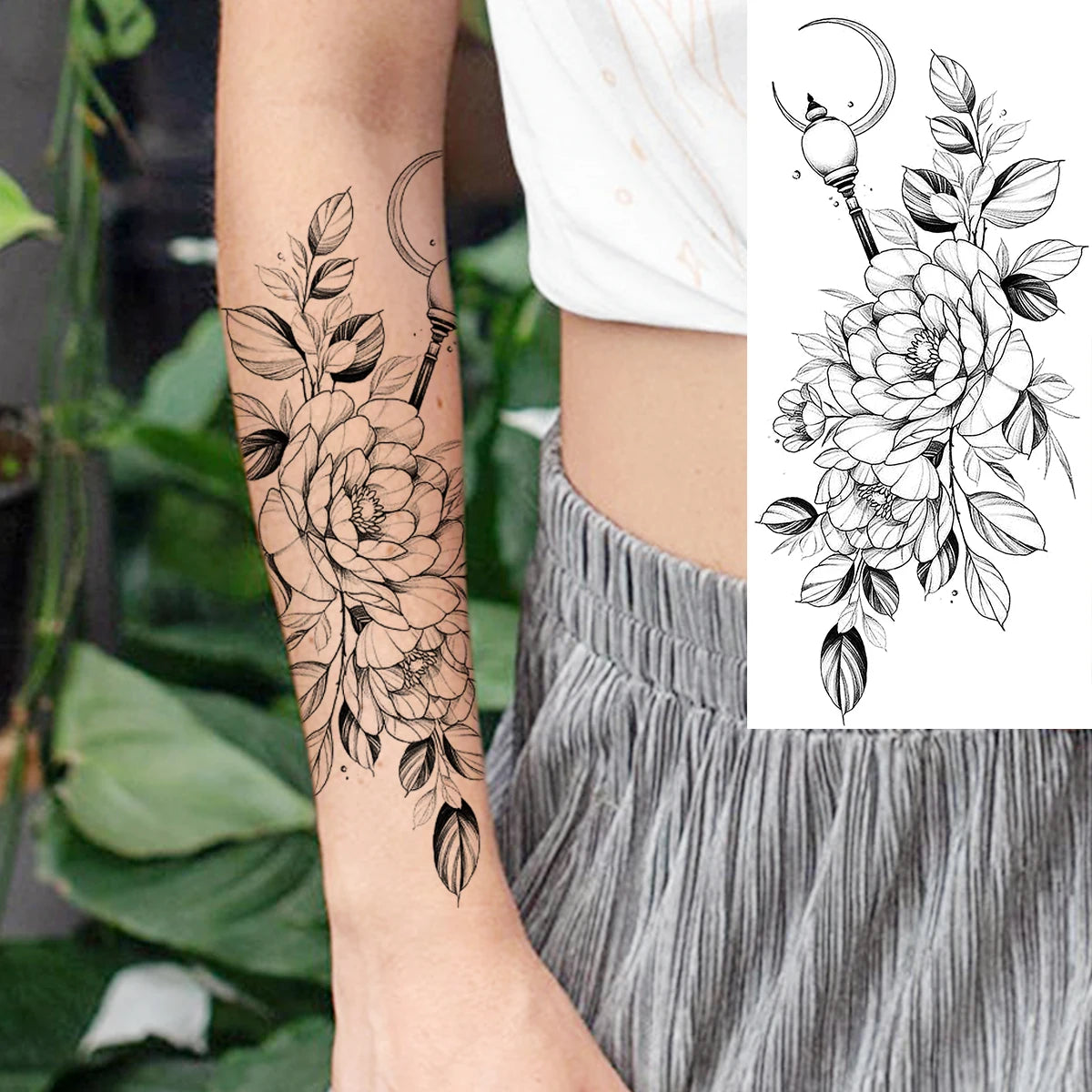 Black Realistic Rose Flower Temporary Tattoos For Women Adult Girl Peony Realistic Fake Tattoowashable Half Sleeve Tatoos Decal