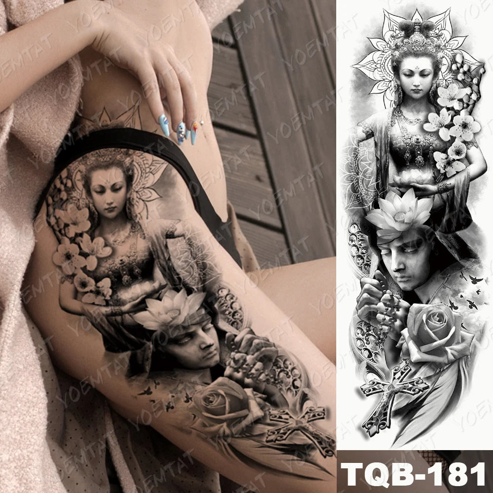 Large Arm Sleeve Tattoo Gun Rose Lion Waterproof Temporary Tattoo Sticker Clock Flower Waist Leg Body Art Full Fake Tatoo Women
