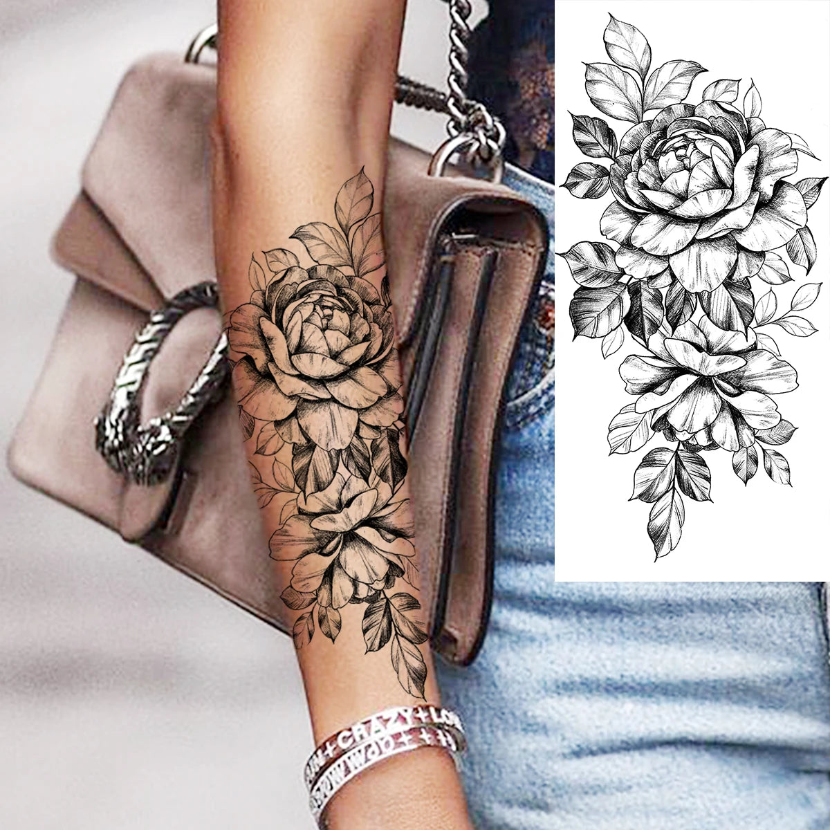 Black Realistic Rose Flower Temporary Tattoos For Women Adult Girl Peony Realistic Fake Tattoowashable Half Sleeve Tatoos Decal