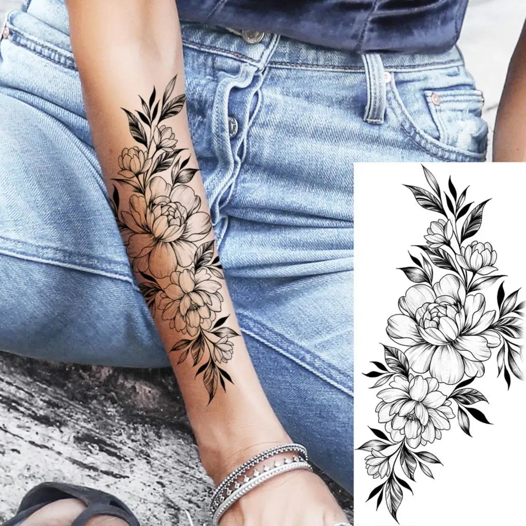 Black Realistic Rose Flower Temporary Tattoos For Women Adult Girl Peony Realistic Fake Tattoowashable Half Sleeve Tatoos Decal