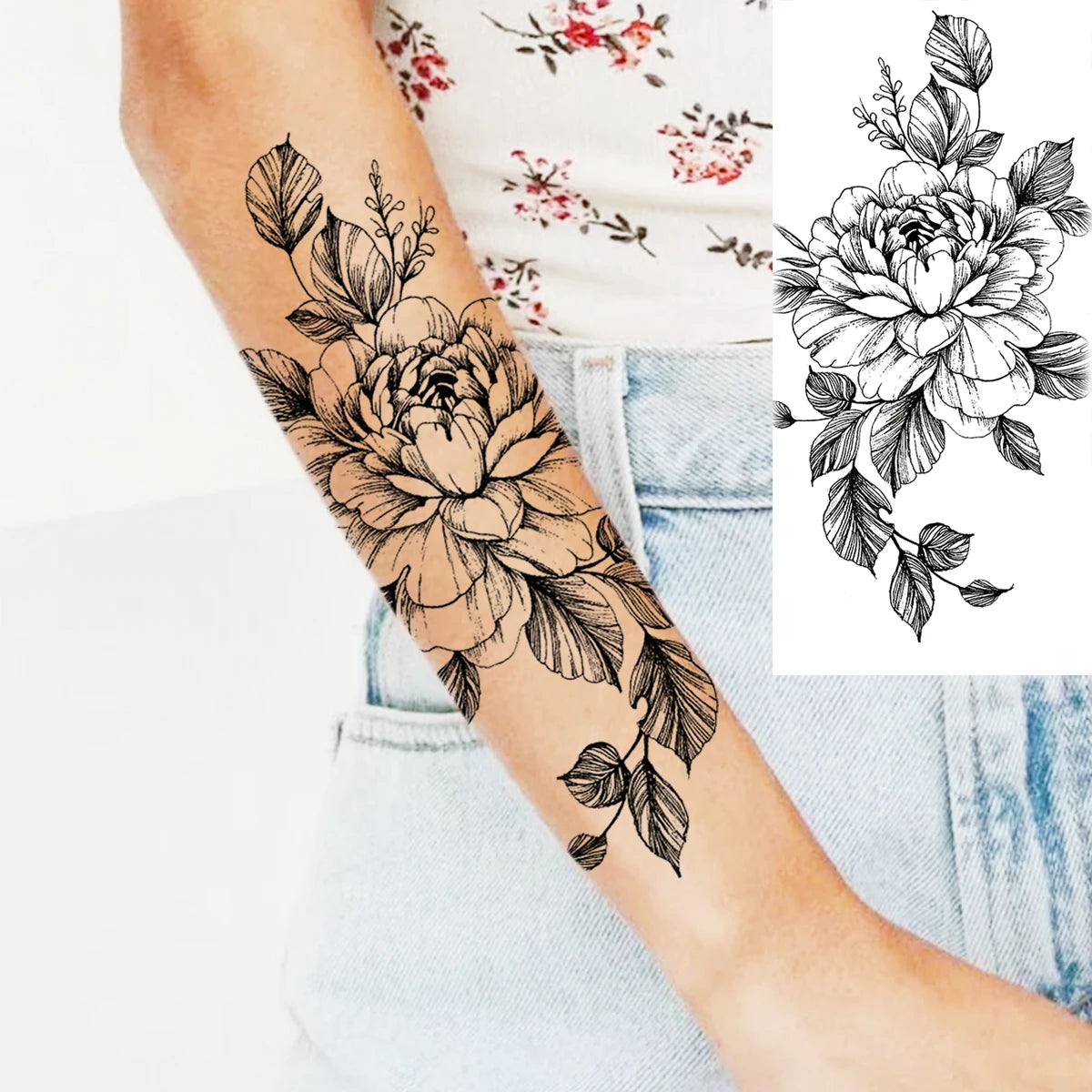 Black Realistic Rose Flower Temporary Tattoos For Women Adult Girl Peony Realistic Fake Tattoowashable Half Sleeve Tatoos Decal